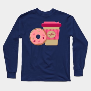 Paper cup of hot coffee to go and frosted pink donut Long Sleeve T-Shirt